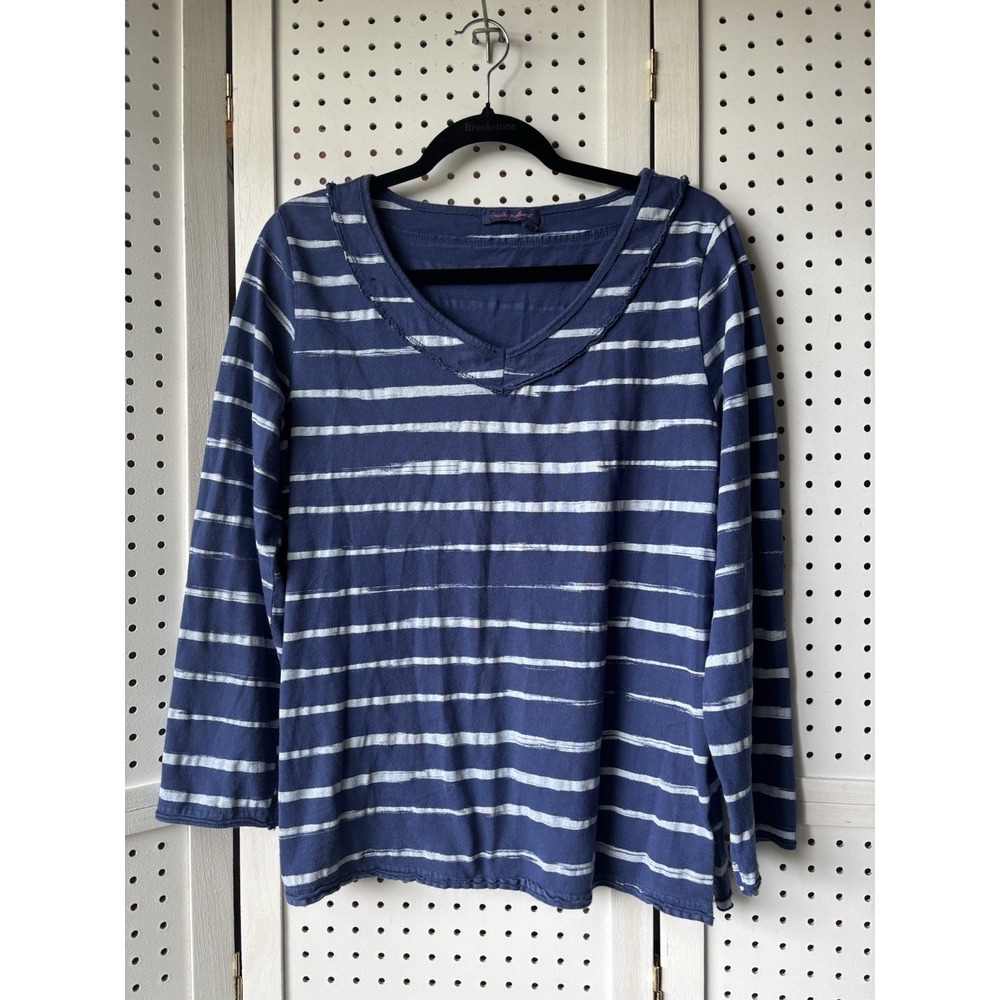 Fresh Produce Roll Tab Long Sleeve Striped Blue V-Neck Cotton Top XS/SM
